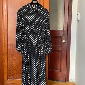 Zara Navy and White Polka Dot Long Sleeve Button Up Dress